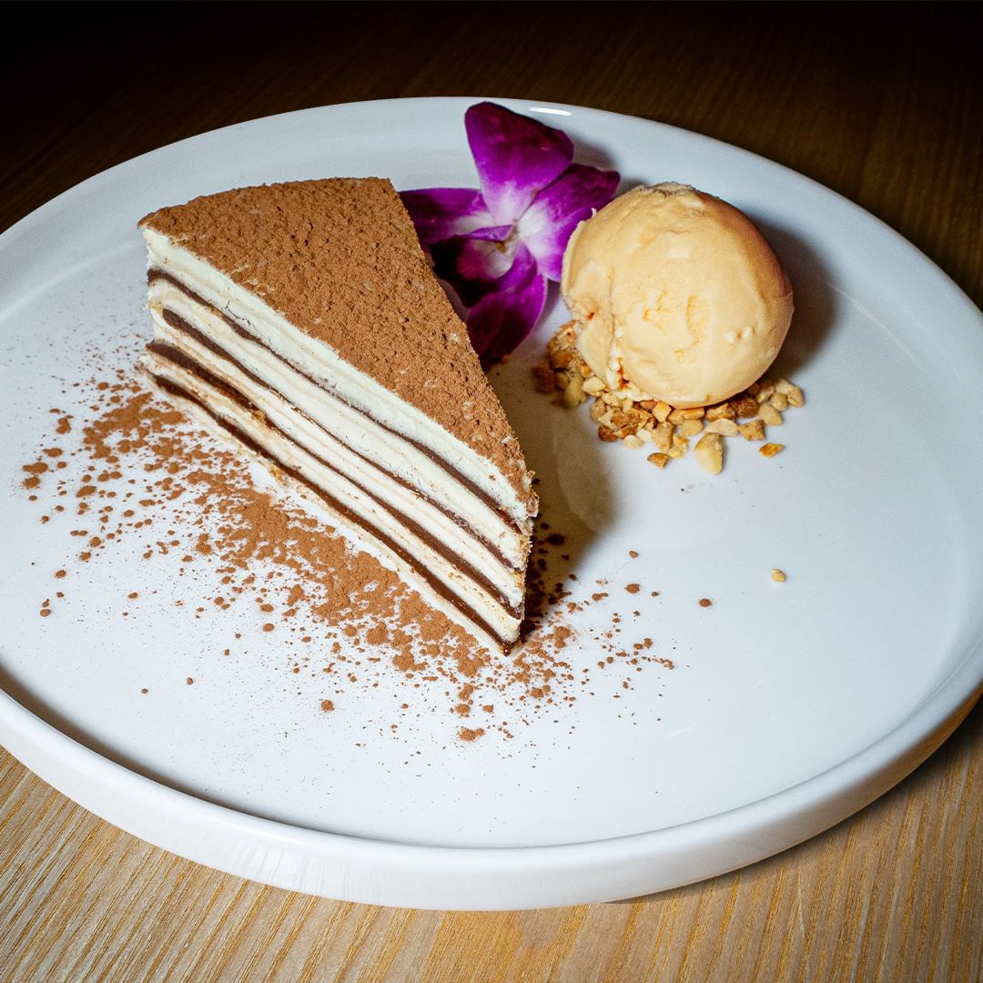 Nutella Crepe Cake Decadent Nutella Crepe Cake dessert available at this asian food restaurant.