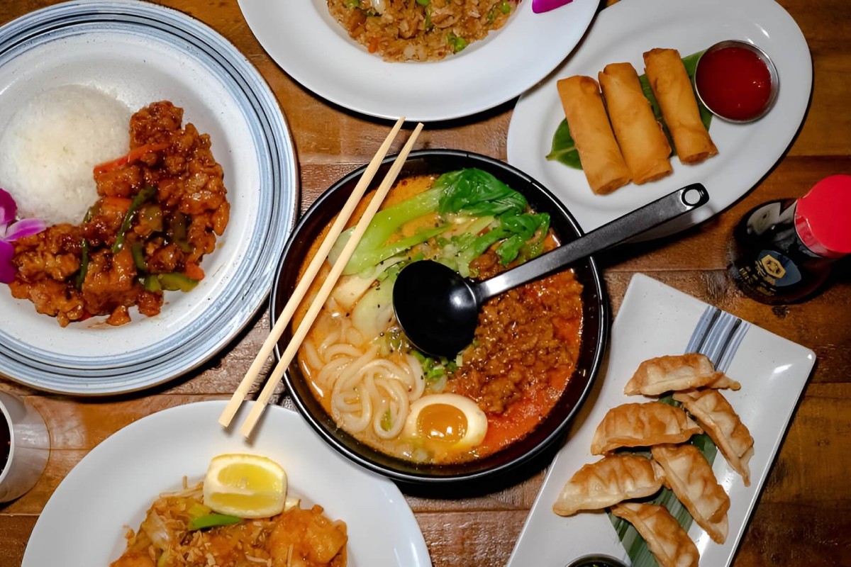Delicious spread of spicy ramen, dumplings, and fried rice at 107 Taste, top-rated Asian fusion cuisine in Miami.